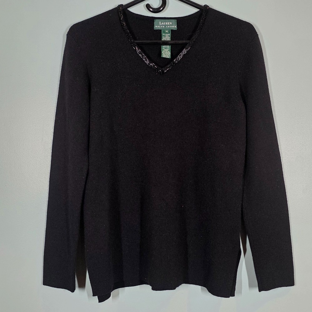 Lauren Ralph Lauren‎ Cashmere Blend V-Neck Sweater Black Sz M Sequin Detail Knit